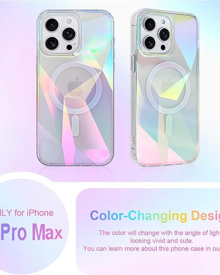 Cute Case for iPhone 15 Pro Max Case for Women Girls [ Compatible with Magsafe ] Clear Glitter Girly Aesthetic Rainbow Sparkly Bling Magnetic Phone Cover, Iridescent Geometry