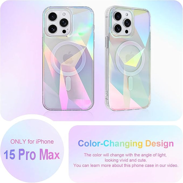 Cute Case for iPhone 15 Pro Max Case for Women Girls [ Compatible with Magsafe ] Clear Glitter Girly Aesthetic Rainbow Sparkly Bling Magnetic Phone Cover, Iridescent Geometry