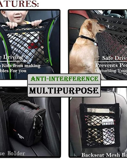 DYKESON Pet Barrier Dog Car Net Barrier with Car Mesh Organizer Baby Stretchable Storage Bag Universal for Cars, SUVs -Easy Install,Safer to Drive with Pets and Children, 3 Layer S