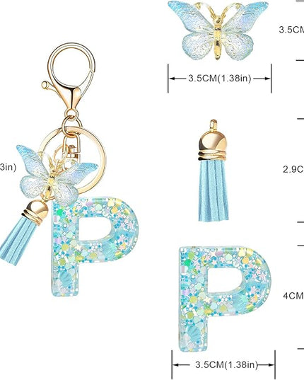 Fashion Alphabet Initial Letter Keychain Tassel Butterfly Pendant Key Ring for Purse Handbags Women Girl