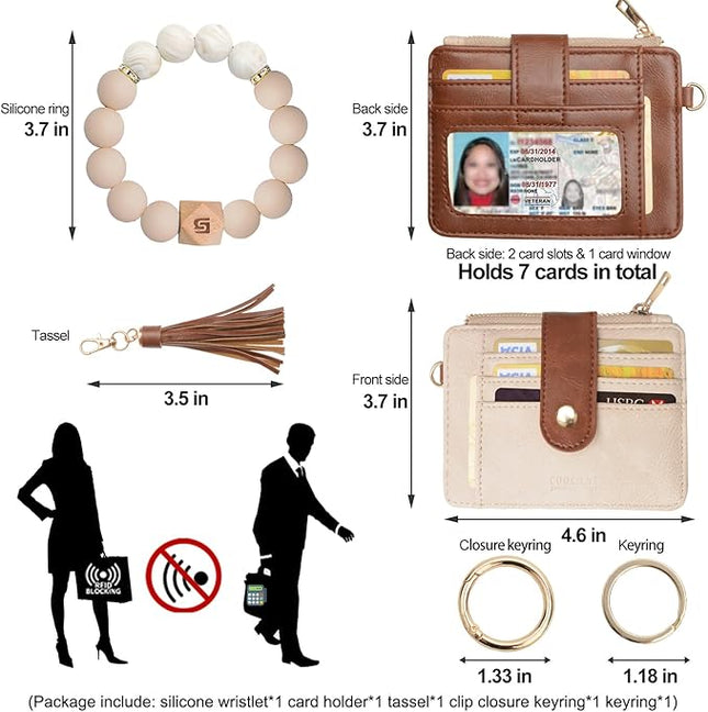 COOLANS Silicone Bracelet Wristlet Wallet Credit Card Holder RFID,ID Window,Key Ring Tassel,Slim Wallet Women Keychain Purse