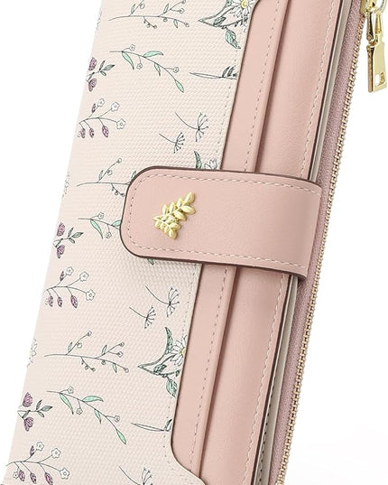 GAEKEAO Womens Wallet Slim Thin RFID Blocking Floral Vegan Leather Card Holder Bifold Long Ladies Wallet with Zipper Pocket