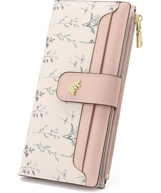 GAEKEAO Womens Wallet Slim Thin RFID Blocking Floral Vegan Leather Card Holder Bifold Long Ladies Wallet with Zipper Pocket