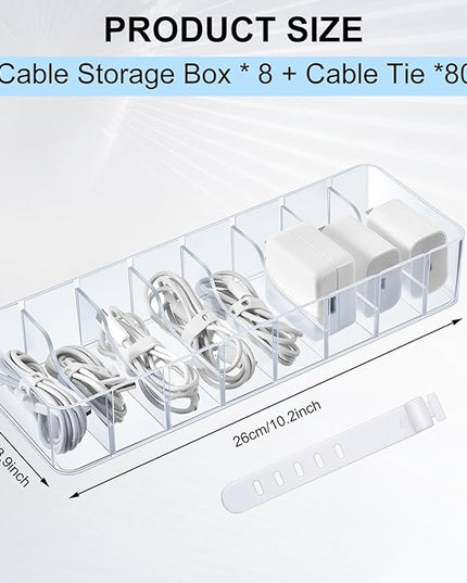 Tatuo 8 Pcs Cable Organizer with 80 Wire Ties, Plastic Cord Storage Charger Box Electronics Organizer with Adjustment Compartments Cable Storage for Drawer Home Office Desk Accessories (Clear)