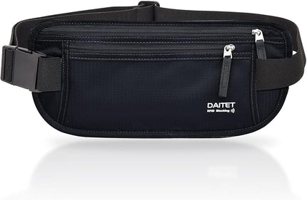 RFID Blocking Money Belt for Men Women, Slim Fanny Pack For Travel，Running,Conceal Waist Wallet For Passport Holder,Phone,Cash(Dark Black)