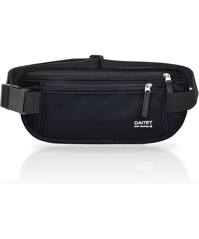 RFID Blocking Money Belt for Men Women, Slim Fanny Pack For Travel，Running,Conceal Waist Wallet For Passport Holder,Phone,Cash(Dark Black)