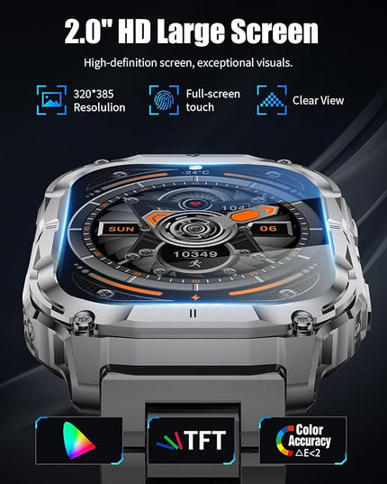 2.0" Military Smart Watch for Men with Flashlight, Make/Answer Calls, 1000mAh, IP68 Waterproof, 100+ Sport Modes Fitness Tracker for Workout Outdoor iOS Android Compatible, Silver