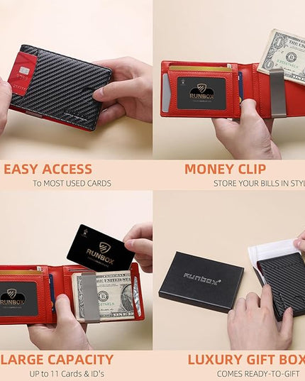 RUNBOX Slim Money Clip Wallets for Men RFID Blocking 11 Card Holder Minimalist Small Leather Bifold Men's Front Pocket Wallet Gift Box