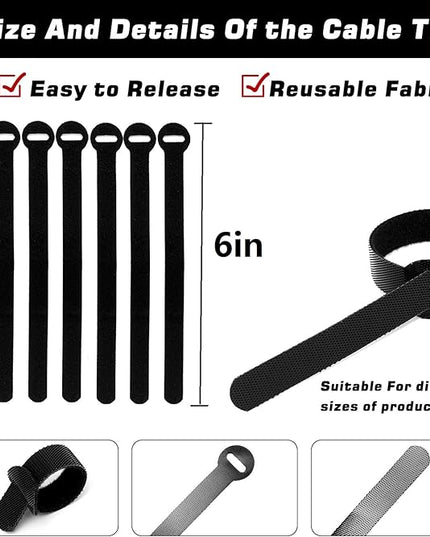 200PCS Reusable Fastening Cable Ties, 6-Inch Cable Straps Cable Management, Multi-Purpose Hook & Loop Cord Organizer Wire Ties, Adjustable Cable Organizer Cord Ties, Microfiber Cloth Straps, Black