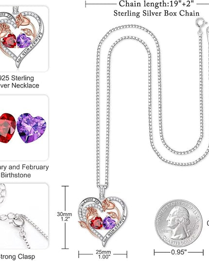 Iefil Christmas Gifts for Women Wife - 925 Sterling Silver Rose Heart Birthstone Necklace Birthday Anniversary Jewelry Gifts for Her Wife Mom Daughter
