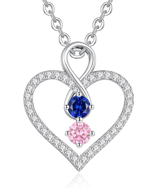 LOUISA SECRET Infinity Double Birthstone Necklace, 925 Sterling Silver Tiny Pendant Heart Necklace for Women Wife Her, Best Jewelry Gift Heart Jewelry Meaningful Gift for Valentine's Day, Christmas, Birthday Anniversary