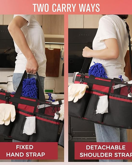 Wearable Cleaning Caddy, Cleaning Caddy Supplies Organizer with Handle & Shoulder Straps for Housekeepers, Under Sink & Car Cleaning Tool Organizers Bag with 4 Foldable Divider (Wine)