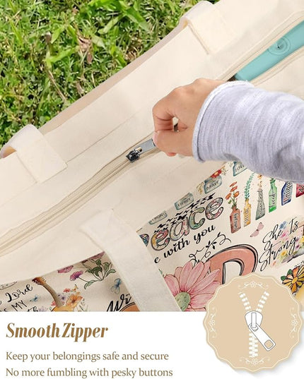 Large Tote Bag for Women - Aesthetic Cute Big Canvas Bags with Zipper Cotton Shoulder Bag for Gym, Travel, Work