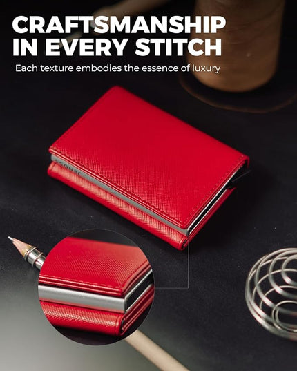 Jenoss Smart AirTag Wallet for Men & Women: Full Grain Leather, Handcrafted, Case Pop Up Case, Slim, RFID Blocking, Credit Card Holder Apple Air Tag Tracker Trifold Minimalist 12 Slot ID (Red&Silver)