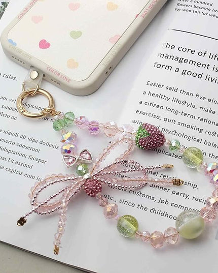 Phone Charm Wrist Strap with Diamond Inlay, Strawberry Bow & Crystal Flower Design for iPhone, Kindle, Camera, Pink Purple Green Key Wristlet, Lanyard for womens keychain wristlet