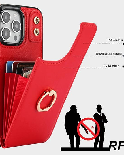 Folosu Compatible with iPhone 16 Pro Max Case Wallet with Card Holder, 360°Rotation Finger Ring Holder Kickstand, RFID Blocking Leather Protective Double Buttons Shockproof Cover 6.9 Inch Red