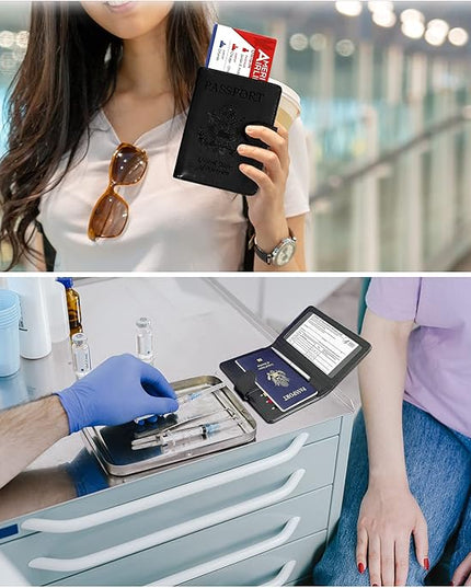 RSAquar Unisex Faux Leather Passport and Vaccine Card Holder Combo, Black, Slim and Lightweight with RFID Blocking Technology