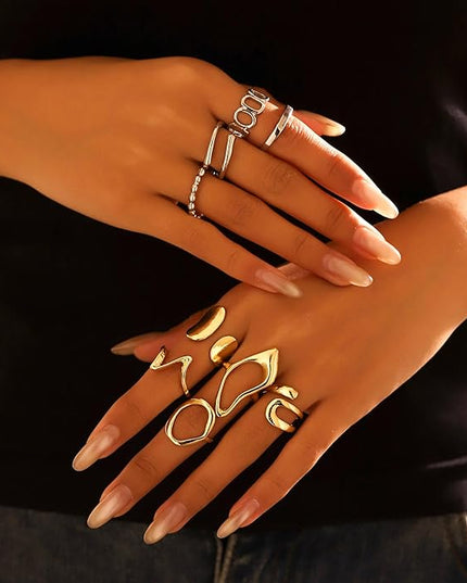 Chunky 14K Gold Plated Stackable Rings Set for Women,Vintage Knuckle Rings Dainty Hollow Carved Joint Finger Midi Rings Pack Adjustable Signet Mixed Size
