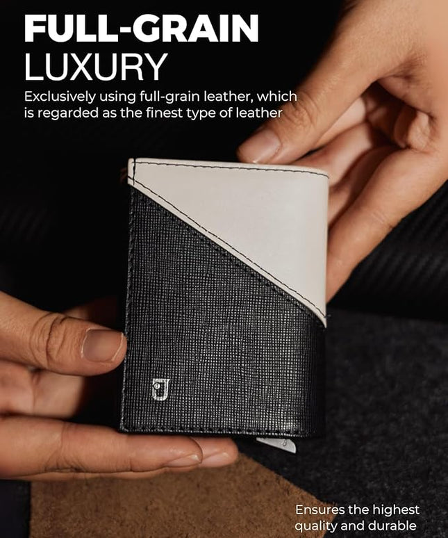 Jenoss Smart Wallet For Men: Full Grain Leather, Handcrafted, Slide Metal Pop Up Case, Slim RFID Blocking Credit Card Holder, Minimalist, Compact 12 Cards Slot Organizers, ID, Money Clip (Black&Cream)