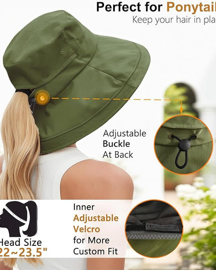 Sun Hats for Women, Wide Brim Waterproof Bucket Hat, Summer Beach Packable Ponytail Hat,UPF 50+ UV Protection