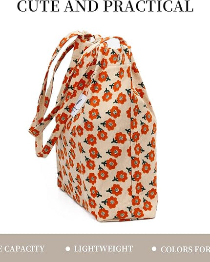 Corduroy Tote Bag Cute Tote Bags for Women Shoulder Bag with Inner Pocket for Work Beach Travel and Shopping Grocery