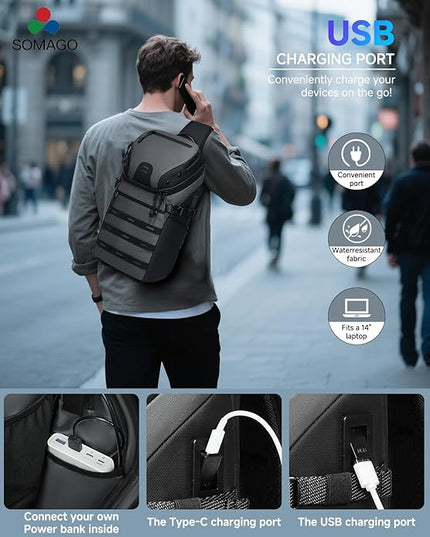 Somago Sling Backpack with USB Charging Port Water-Resistant Tactical Backpack Crossbody Chest Bag with Anti-theft Pocket