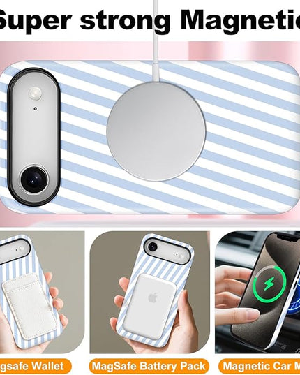 Magnetic for iPhone 17 Air Case Cute Diagonal Stripes Phone Case, Shockproof Slim TPU and Hard PC Protective Phone Cover Compatible with MagSafe Designed for Women Girls,Blue