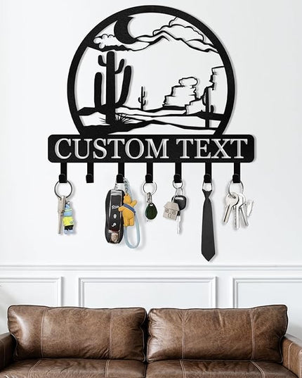 KAINSY Personalized Key Holder for Wall, Custom Cactus Metal Key Hanger, Desert Key Rack Coat Rack, Key Hooks Wall Art Decor, Key Holder Wall Mount Organizer for Dormitory, Entryway, Garden, Office
