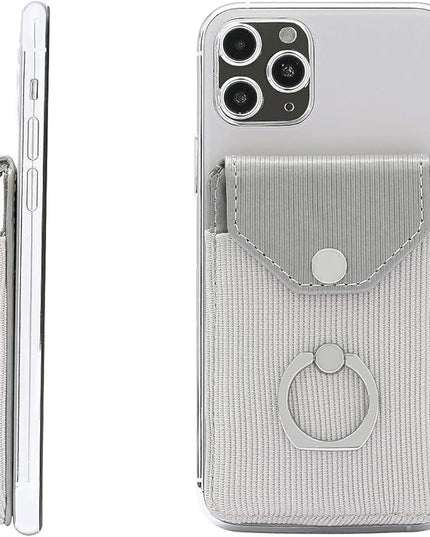 Cell Phone Card Holder RFID Ring Stand Stick on Wallet Card Holder for Back of Phone for iPhone Android and All Smartphones Adhesive Credit Card Holder for Cell Phone-Polyester Grey