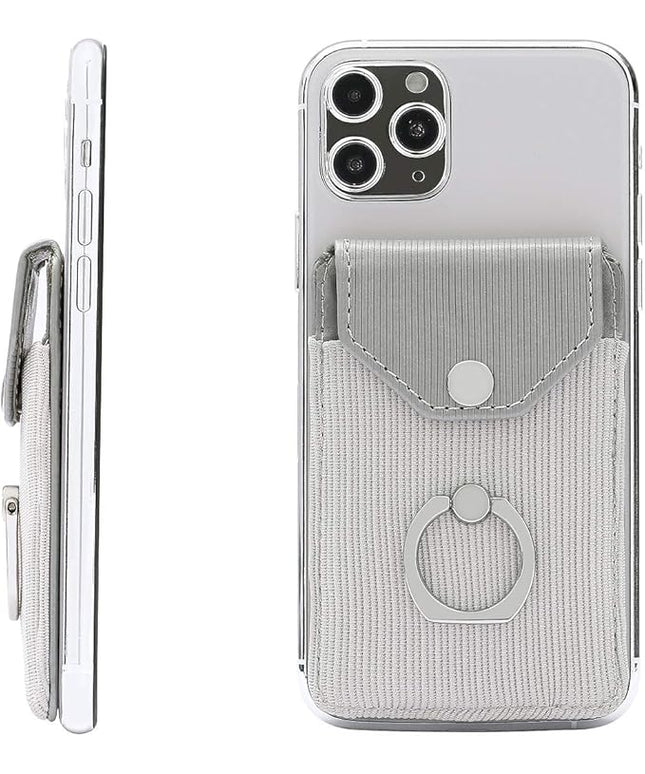 Cell Phone Card Holder RFID Ring Stand Stick on Wallet Card Holder for Back of Phone for iPhone Android and All Smartphones Adhesive Credit Card Holder for Cell Phone-Polyester Grey
