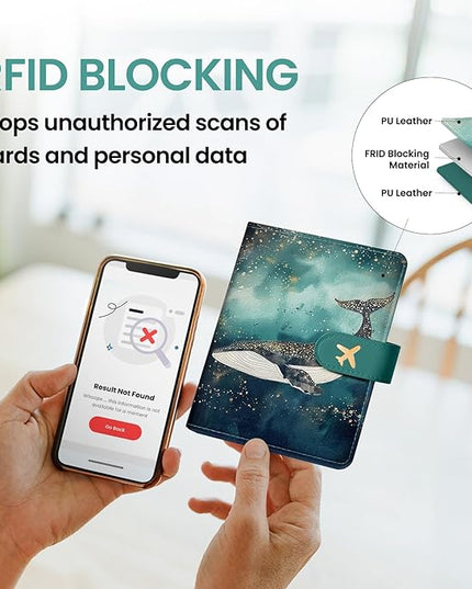 Passport Holder for Travel Essentials, RFID Blocking Leather Cover Wallet with Magnetic Closure, Aesthetic & Cute Passport Book Case for Women and Men - Whale, Upgraded with Money Pocket