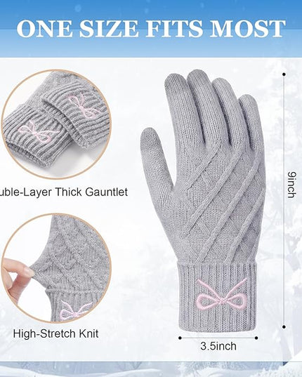 Liitrsh Women Winter Gloves with Embroidery Bow Touchscreen Warm Elastic Knit Lining Gloves for Cold Weather Gift