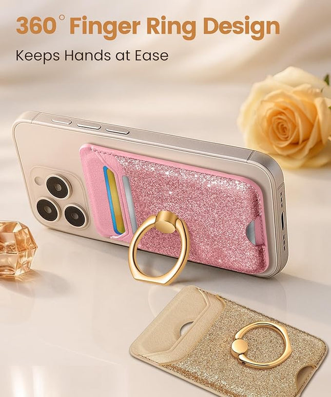 Shorogyt Compatible with Magsafe Wallet Magnetic Card Holder - Phone Wallets with Ring Grip Stand Cute Fashion for iPhone 17/16/15/14/13/12 Series for Women Girls Glitter Pk Design, Fit 3 Cards
