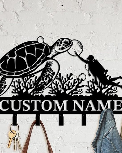 Casebrick Custom Sea Turtle Metal Wall Hooks,Key Holder-Personalized Iron Wall Decor for Keys, Coats & Home Organization (Black, Handmade,Decorative for Entryway, Beach,Bedroom,Office) (Style C)