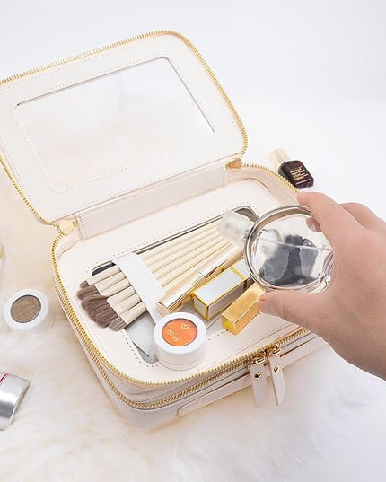 Aveniee Large Clear Makeup Bags, Double Layer Cosmetic Bags with Separate Brush Compartment, Travel Toiletry Bag Cosmetic Train Case, Travel Accessories Organizer for Women(2 Layers, White)