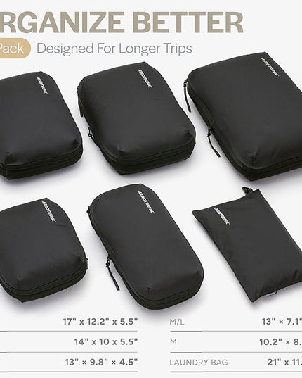 Aerotrunk Ultralight Compression Packing Cubes - Lightweight Travel Organizers for Suitcases and Luggage (6-Pack, Black)