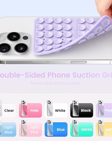 2PCS Silicone Suction Cup Phone Case Mount Double Sided, Hands-Free Phone Accessories Holder for Selfies and Videos, Silicon Sticky Phone Grip for iPhone and Android Transparent&Lavender