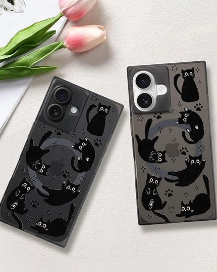 Cute Case for iPhone 16 Case for Women Girls Boys [Compatible with Magsafe] Kawaii Black Cats Cat Pattern Design, Aesthetic Girly Animal Rectangle Magnetic Protective Phone Cover