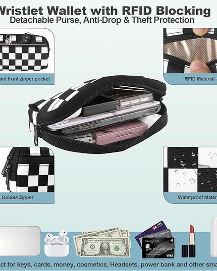 Clip and Go Strap for Phone with Wallet Crossbody, Adjustable Phone Lanyard with Detachable RFID Wristlet Wallet, Phone Strap with Phone Tabs for All Phones, Black Checkered (L)