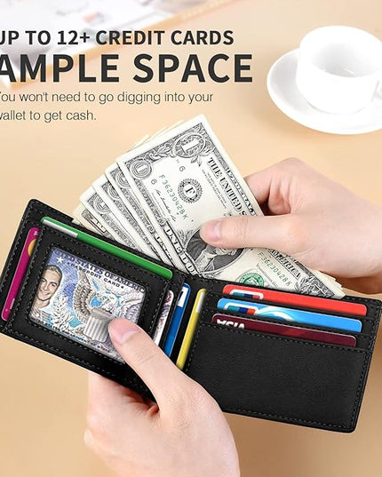 RUNBOX Wallet for Men Slim 11 Credit Card Holder Slots Leather RFID Blocking Small Thin Men's Wallet Bifold Minimalist Front Pocket Large Capacity Gift Box