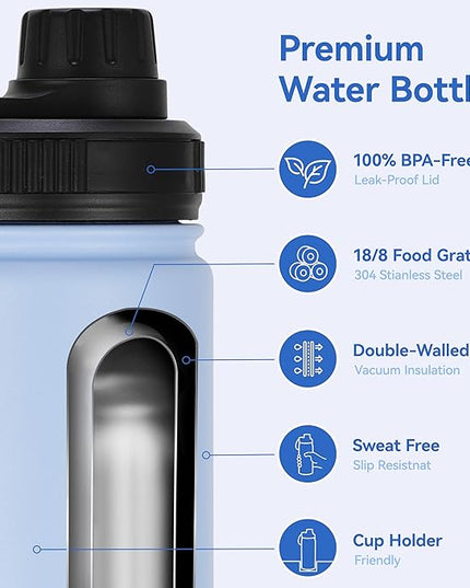 DOMICARE 16 oz Kids Water Bottle for School Stainless Steel Double Wall Vacuum Insulated Water Bottle with Straw lids & Spout Lid, Leakproof BPA Free (Light Blue,8)