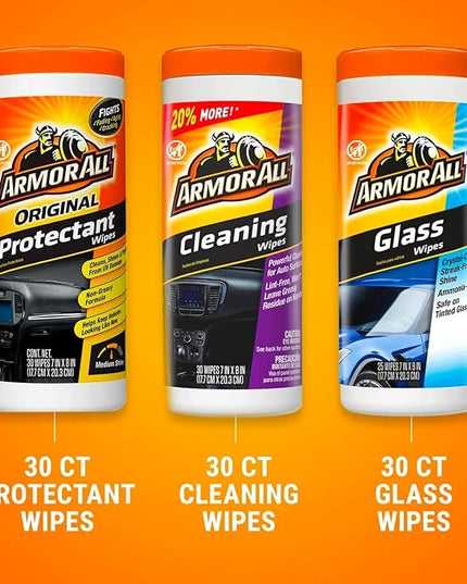 Armor All Protectant, Glass and Cleaning Wipes, Wipes for Car Interior and Car Exterior, 30 Count Each (Pack of 6)