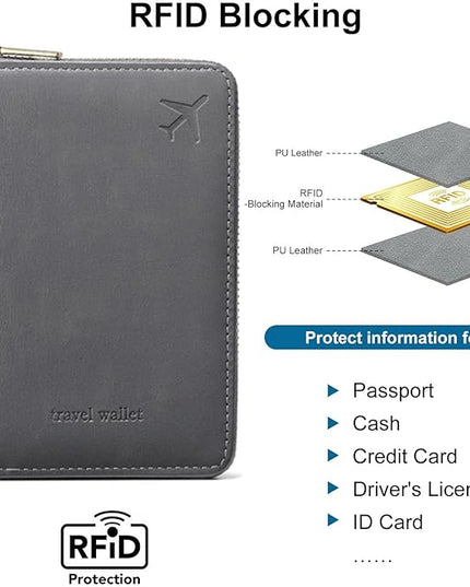 Passport Holder for Travel Women and Men RFID Passport Holder with Card Slots Holder Passport Case Passport cover Passport Wallet Travel Essentials and Accessories (Short Zipper, SZ-Grey)