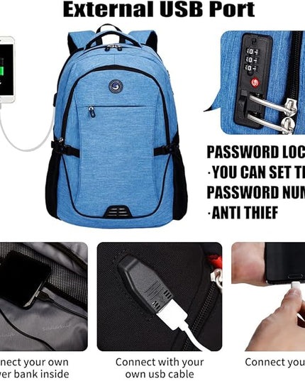 SHRRADOO Anti Theft Laptop Backpack Travel Backpacks with usb Charging Port for Women Men High School College Backpack Computer Bag Fits 17 Inch Laptop,Sky Blue