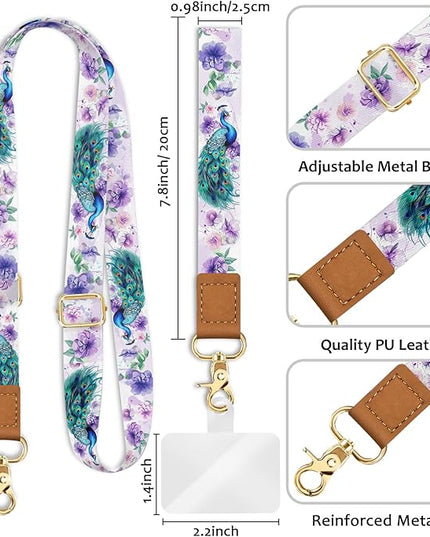 Phone Lanyard Crossbody Wrist Strap, Peacock Floral Cell Phone Lanyards for Around the Neck Wristlet Shoulder, Adjustable Flower Strap for Car Keys Keychain Wallet ID Badge