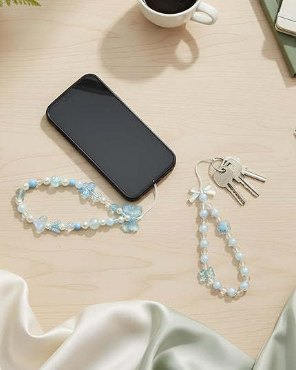 Ecally 3 Pcs Phone Charms Strap Camera Charm Strap Pearl Beaded Butterfly Bow Flower Cute Phone Wrist Lanyard Bracelet for Camera Keychain Wallet Decor Christmas New Year Gifts