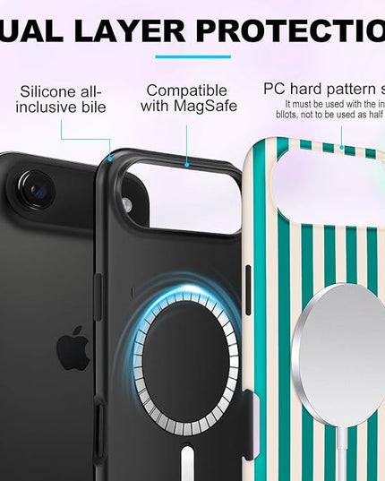 Magnetic for iPhone 17 Air Case Cute Stripes Phone Case, Shockproof Slim TPU and Hard PC Protective Phone Cover Compatible with MagSafe Designed for Women Girls, Emerald Green