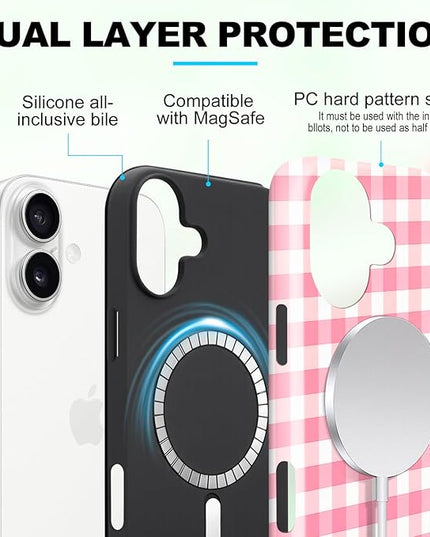 Magnetic for iPhone 16 Case Cute Checkered Stripes Phone Case for Women Girls, Shockproof Slim TPU and Hard PC Protective Phone Cover Compatible with MagSafe Designed, Red