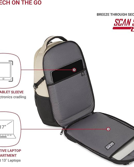SwissGear 1900 Mini ScanSmart 13” Laptop Backpack Oatmeal– Reflective Tech Backpack with ScanSmart Compartment – Multiple Organizer Pockets & RFID Scan Blocking Technology