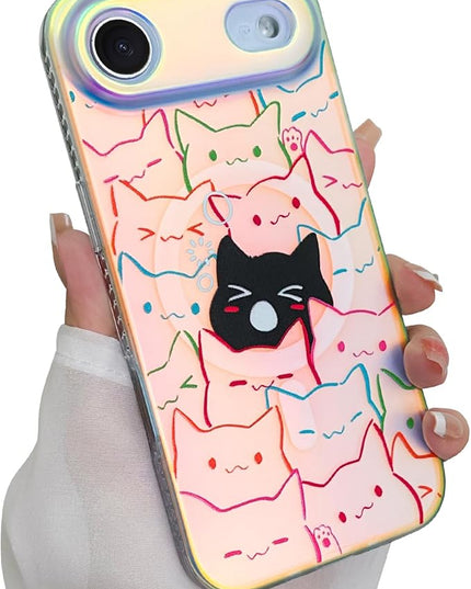 Cute Case for iPhone Air Case for Women Girls Boys [ Compatible with Magsafe ] Iridescent and Black Cats Cat Pattern Design, Kawaii Colorful Animal Soft Bumper Protective Phone Cover